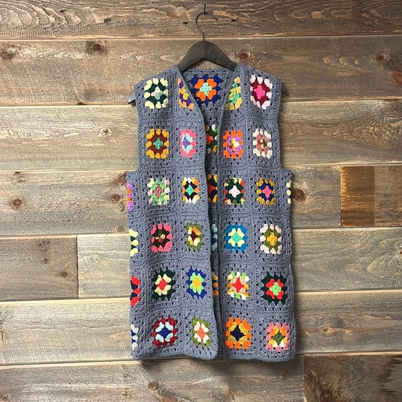 Vintage Jackets & Blazers - Vintage Hand Knit Vest Granny Square Crochet
